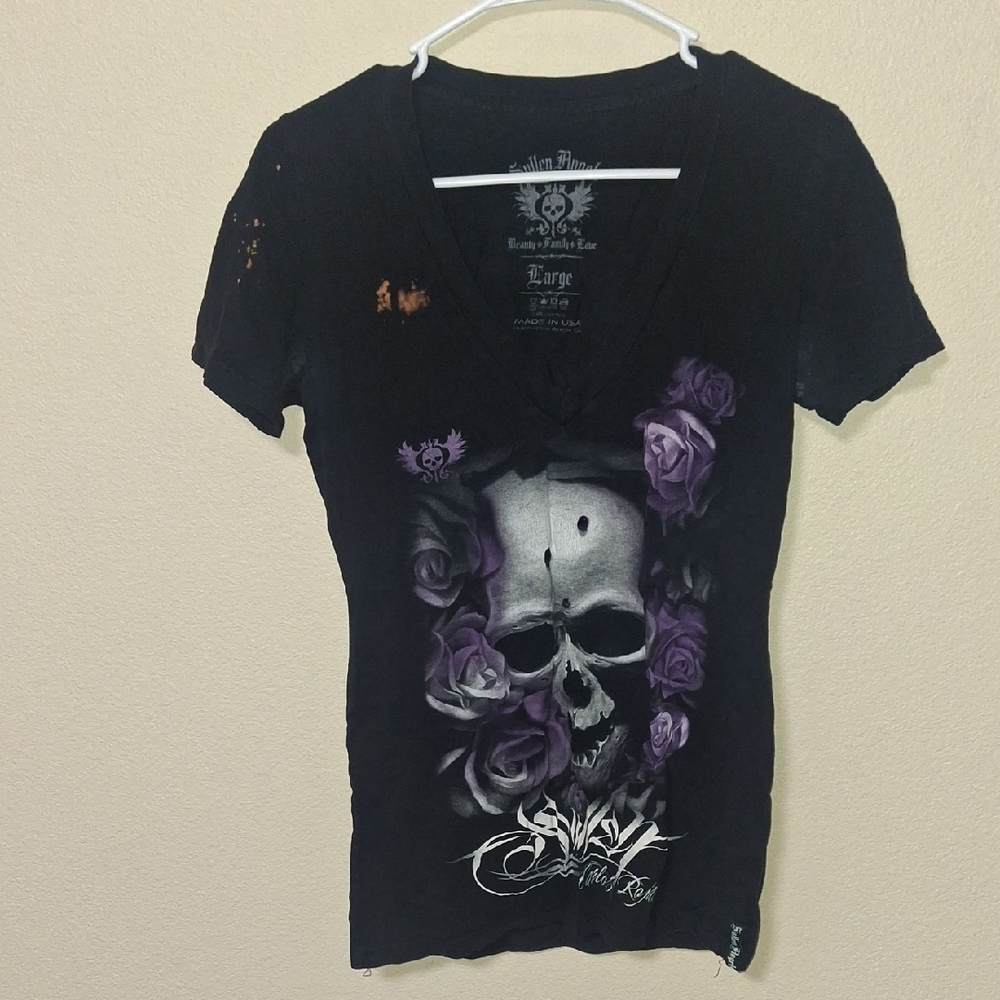 Sullen Angel Women's Black Tee with Purple Skull Design